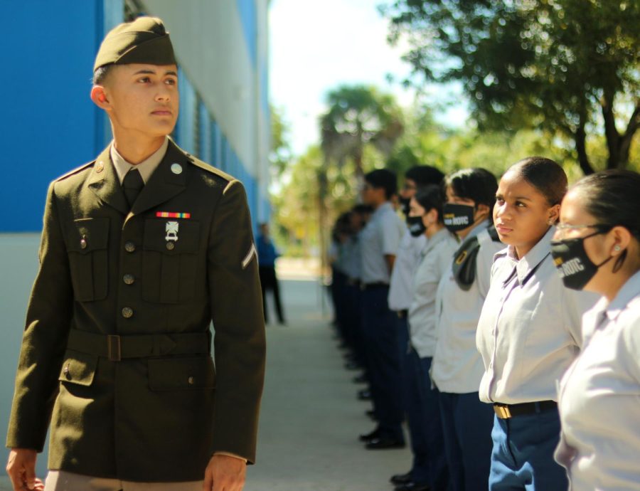 Senior Emmanuel Rocha leads cadets at one of the Principal of the Year celebrations.