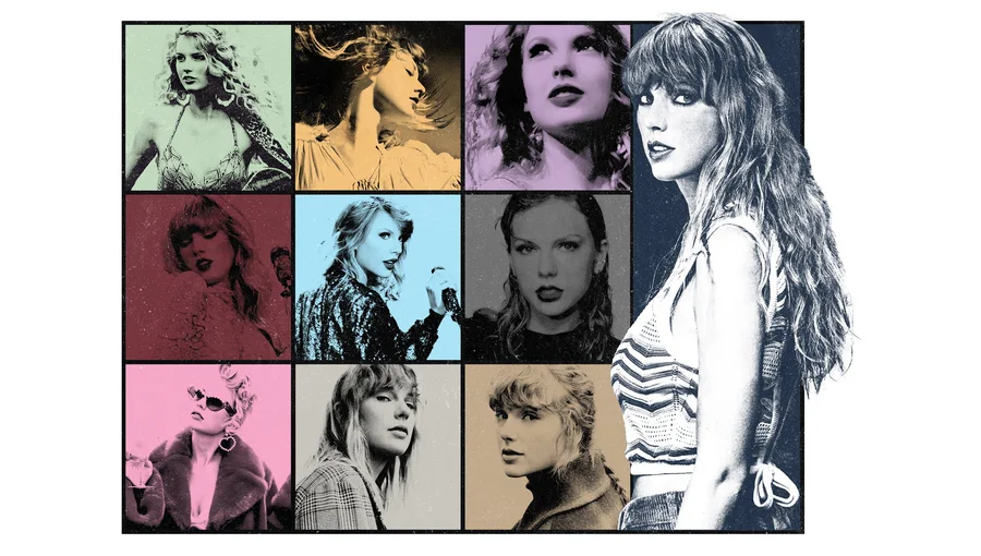 The+Eras+Tour+promotion+poster%2C+featuring+Taylor+Swift+standing+in+front+of+all+of+her+eras.+